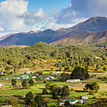 Rural landscape with mountains and valley village